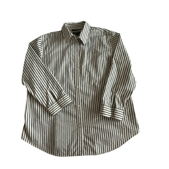 Ralph Lauren Women's XL Green & Ivory Striped Button Down Sleeved Collared Shirt - Picture 6 of 15